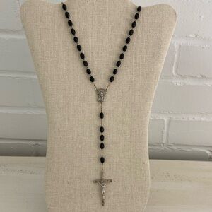 Black Beaded Rosary Religious Church Necklace